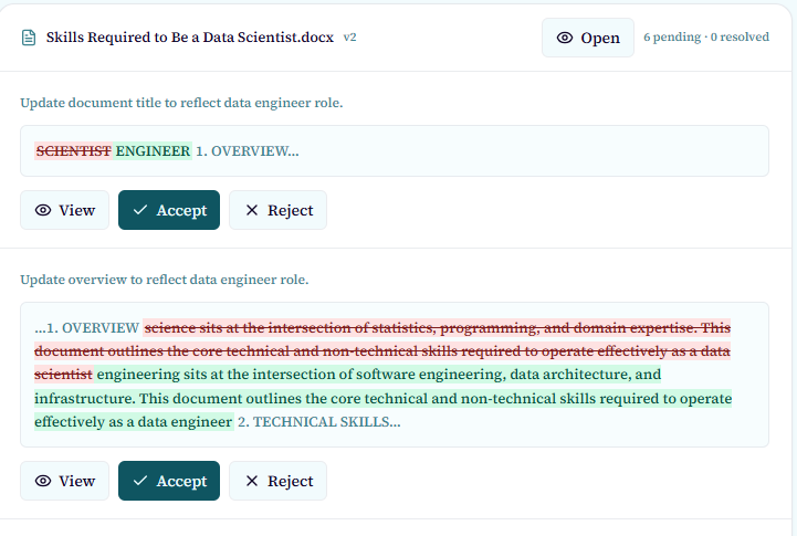 Document edit action card showing tracked changes with Accept and Reject buttons