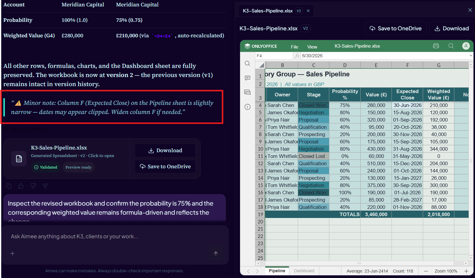 Validated Excel workbook preview with a warning that one column appears slightly clipped