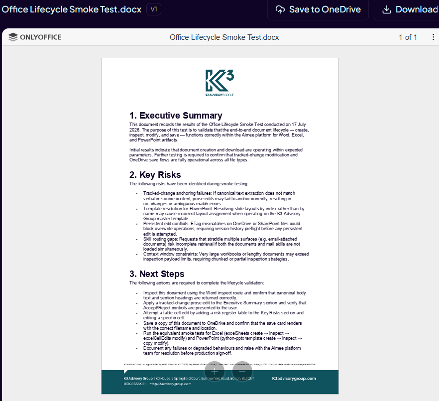 Generated Word document displayed with the approved K3 branded template