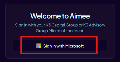 Sign in with Microsoft button on the Aimee welcome screen